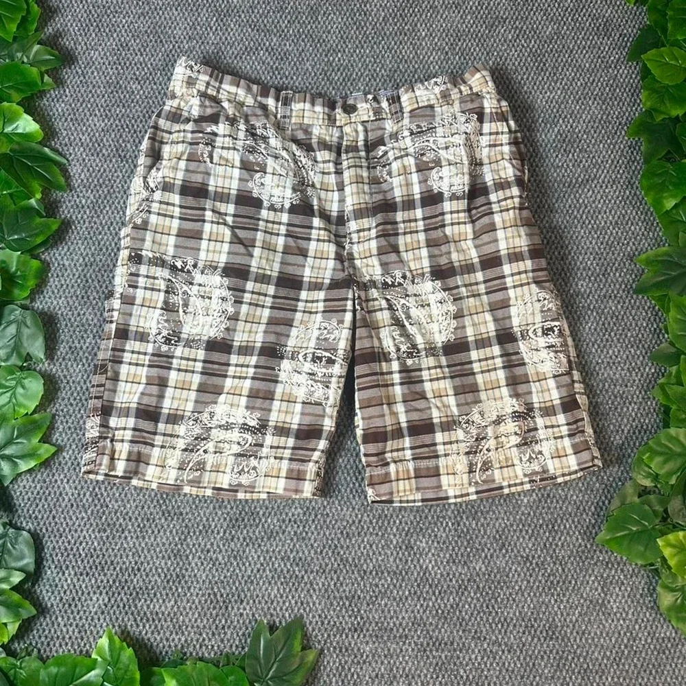Tommy Hilfiger Y2K Plaid Paisley Shorts Brown Beige Size 34